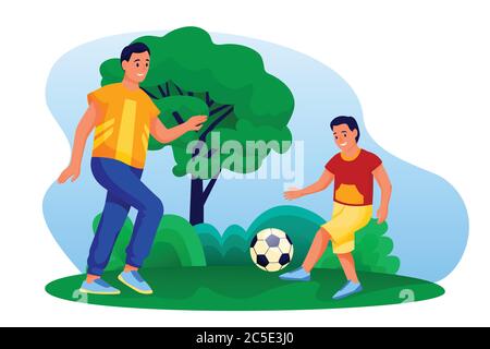 Glücklicher Vater und Sohn spielen Fußball im Freien. Papa und Junge spielen mit Fußball im Hof oder im Park. Vektor flache Cartoon Menschen Charaktere Illustration. Stock Vektor