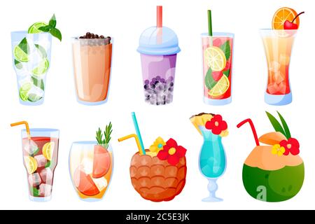 Sommer tropische Getränke Kollektion, isoliert auf weißem Hintergrund. Vektorgrafik Cartoon-Illustration. Bubble Tea, Limonade, alkoholischer und nicht-alkoholischer Stock Vektor