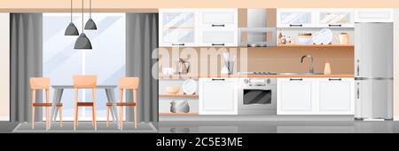 Moderne weiße Küche und Esszimmer Interieur. Vektor flach Cartoon Illustration. Zeitgemäßer Hintergrund. Haus Möbel Design-Elemente Stock Vektor