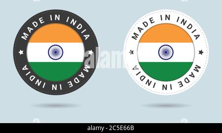 Set mit zwei indischen Sticker. Hergestellt in Indien. Einfache Symbole mit Flags. Stock Vektor