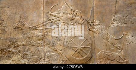 Assyrisches Mauerrelief der königlichen Löwenjagd. Alte Schnitzpanorama-Tafel aus der Geschichte des Nahen Ostens. Überreste der Kultur der alten Zivilisation. Stockfoto