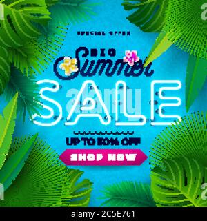 Sommer Sale Design mit hellen Neon Text und Blume auf blauem Hintergrund. Tropical Vector Sonderangebot Illustration mit Typografie Brief für Coupon Stock Vektor