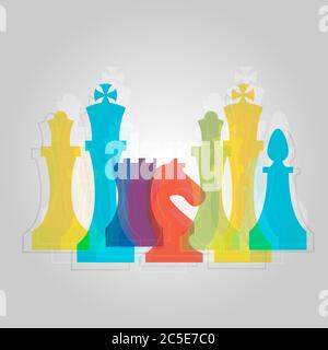 Schachfiguren Geschäftszeichen & Corporate Identity Vorlage für Schachclub oder Schachschule. Standard Schachfiguren Vektor Icon Set. Farbenfroher Schachvektor Stock Vektor