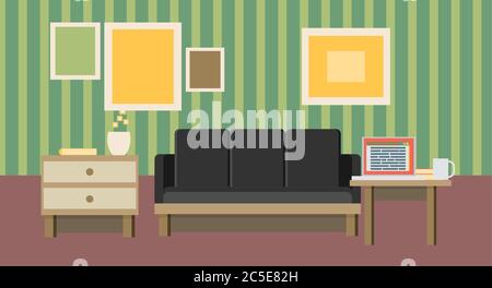 Konzept für die Geschäftsausstattung. Symbole des Geschäftsinnenraums durch Management- und Organisationsideen Symbol- und Arbeitsplatzelemente in flacher Ausführung. Stock Vektor