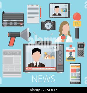 News Cast Journalismus Fernsehen Radio Pressekonferenz Konzept, Vektor-Illustration. Symbole in flachem Design-Stil Sprecher, Kamera, Interview, m gesetzt Stock Vektor