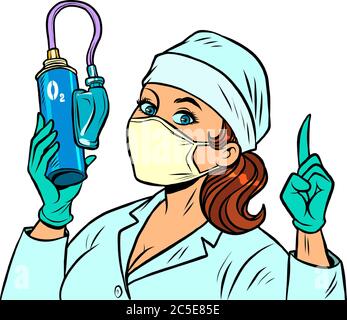 Krankenschwester mit einer medizinischen Sauerstoffflasche Stock Vektor