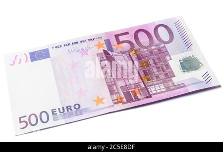 500 Euro Geldschein isoliert auf weißem Hintergrund. 500 Euro-Währung der Europäischen Union. Eine Euro-Geldrechnung. Stockfoto
