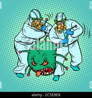 Ärzte in Schutzanzügen und einem Coronavirus. Humorvolle Karikatur. Das Virus wurde als Verbrecher verhaftet Stock Vektor