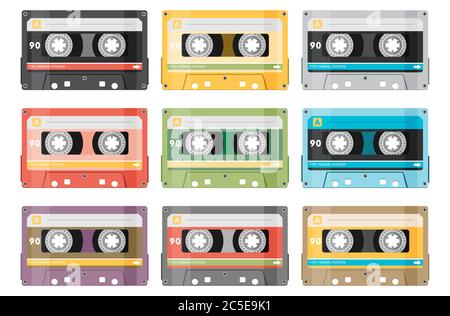 Set von verschiedenen Audio-Kassetten in flacher Form Stock Vektor