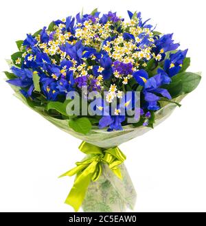 Bouquet von blauen Iris und Gänseblümchen isoliert auf weißem Hintergrund Stockfoto