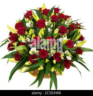 Natürliche rote Rosen in einem Korb isoliert auf weißem Hintergrund Stockfoto