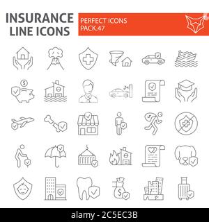 Versicherung dünne Linie Icon-Set, Gesundheit Symbole Sammlung, Vektor-Skizzen, Logo-Illustrationen, Leben und Geschäft Schutz Zeichen lineare Piktogramme Stock Vektor