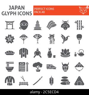 Japan Glyph Icon Set, japanische Lebensmittel Symbole Sammlung, Vektor-Skizzen, Logo Illustrationen, asiatische Kultur Zeichen solide Piktogramme Paket isoliert auf Stock Vektor