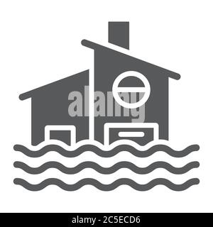 Flood Glyph Symbol, Katastrophe und Haus, überflutete Haus Zeichen, Vektorgrafiken, ein solides Muster auf weißem Hintergrund. Stock Vektor