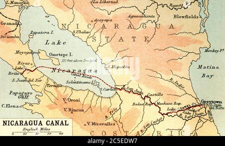 Karte mit dem Nicaraguanischen Kanal, einer geplanten Schiffsroute durch Nicaragua über den Nicaraguasee im ersten Jahrzehnt des 20. Jahrhunderts, die den Atlantik und den Pazifik miteinander verbunden hätte. Der Plan ging nach dem Bau des Panamakanals nie voran. Aus der Geschäftsenzyklopädie und Rechtsberatung, veröffentlicht 1907. Stockfoto