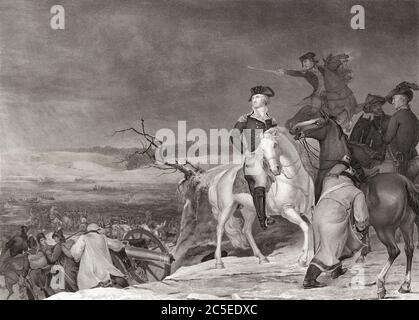 Washington, am Abend des 25. Dezember 1776, am Vortag der Schlacht von Trenton, am Delaware vorbei. Er blickt zurück auf seine Truppen, die den Fluss überqueren. Aus einer Radierung von William Humphrys nach einem Gemälde von Thomas Sully. Stockfoto