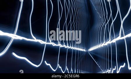 Lichtwege Muster in U-Bahn-Tunnel, lange Exposition der Bewegung. Dynamische Lichtlinien für abstrakten Hintergrund. Schnelle Bewegung mit visuellem Lichtwelleneffekt Stockfoto