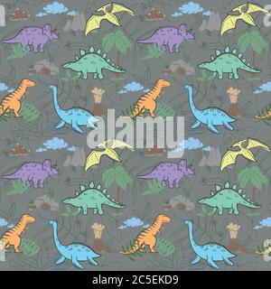 Nahtloses Kindermuster mit Dinosauriern. Vektor-Illustration, Design von Wildtieren, Reptilien, für den Druck auf Stoff, Kleidung, Verpackungspapier Stock Vektor