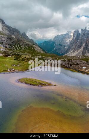 Luftaufnahme des Laghi dei Piani und des Altenstein-Tals (Italienisches Val Sasso Vecchio) ist ein 4 km langes Seitental Stockfoto