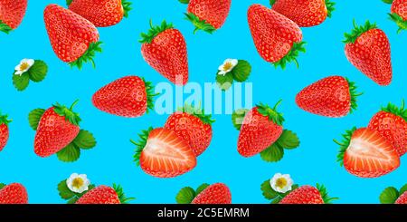 Strawberry Nahtloses Muster auf blauem Hintergrund Stockfoto