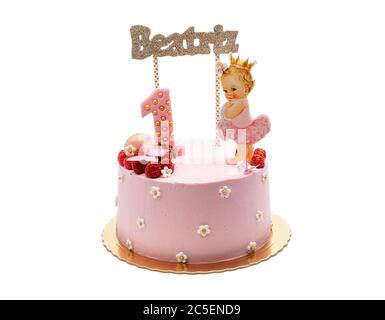 Schöne Kinderkuchen für ein Mädchen für einen Urlaub in rosa Farben. Nome Beatriz. Auf weißem Hintergrund. Stockfoto