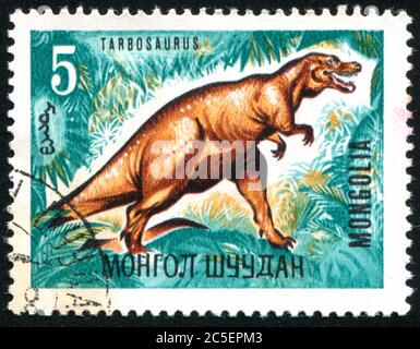 MONGOLEI - UM 1967: Stempel gedruckt von der Mongolei, zeigt Dinosaurier, um 1967. Stockfoto