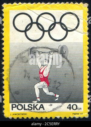 POLEN - UM 1969: Briefmarke gedruckt von Polen, zeigt Gewichtheben, um 1969. Stockfoto