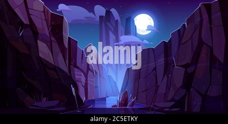 Gebirgsfluss In Canyon Bei Nacht Vektor Cartoon Landschaft Des Naturparks Wasserbach In Der Schlucht Mit Steinklippen Und Felsen Grand Canyon Nationalpark In Arizona Stock Vektorgrafik Alamy