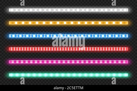 LED-Streifen mit Neon-Leuchteffekt isoliert auf transparentem Hintergrund. Vector realistische Satz von farbigen Lichtstreifen, glühendes Band mit roten, grünen, blauen und weißen Lampe und Diodenkugeln Stock Vektor