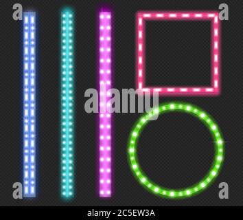 LED-Streifen, Neon-Licht glühende Lumineszenz dekorative Band Bordüren, grün, blau, rosa und lila Bänder, quadratische und runde Rahmen mit Blendung und Lichtblitze. Realistisches 3d-Vektorgrafik-Set Stock Vektor