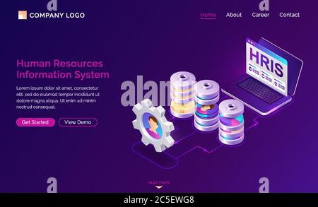 Isometrische HRIS-Landing Page. Human Resources Informationssystem, IT und HR gemischte Technologien, Computer-Bildschirm mit Software für die Sammlung und speichern Mitarbeiter Organisationsdaten 3d Vektor Web-Banner Stock Vektor