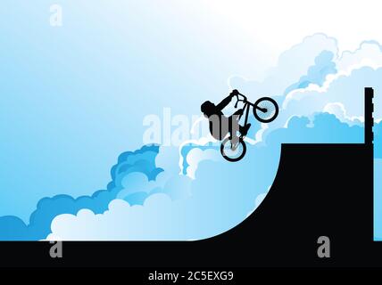 Silhouetted BMX Fahrer Durchführung Stunts vor einem blau bewölkten Himmel Hintergrund gesetzt Stockfoto