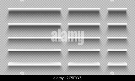 Realistische weiße leere Regale mit Schatten isoliert auf transparenten Wand Hintergrund. Moderne 3d-Möbel Stock Vektor