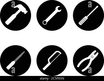 Werkzeuge Schwarze Sägeschrauber Hammer Schraubendreher Icon Set Handyman Services Toolbox Vektor-Illustration Stock Vektor