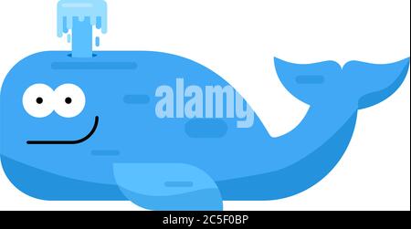 Blaues Wal-Symbol mit Wasserfontäne. Glücklich niedlichen Charakter flach Design Illustration. Stock Vektor