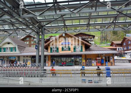 Bahnhof, Lauterbrunnen, Lauterbrunnental, Lauterbrunnental, Jungfrauregion, Schweiz, Suisse, Svájc, Europa Stockfoto