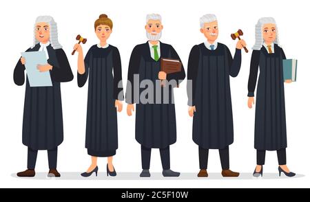 Jury-Team. Richter in schwarz Robe Kostüm, Gericht Menschen und Justizarbeiter Vektor Cartoon Illustration Stock Vektor