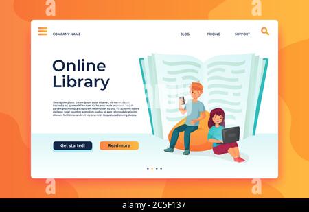 Online-Bibliothek oder Web-Archiv. Digitale Bildung, eBook lesen, im Internet studieren. Junge liest im Handy Stock Vektor