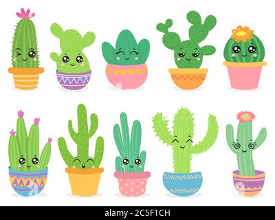 Cartoon Kaktus. Nette Sukkulente oder Kakteen Pflanze mit glücklichen lustigen Gesicht, tropische lächelnde Blume Aufkleber, mexikanische Pflanzen Farbe Vektor-Zeichen Stock Vektor