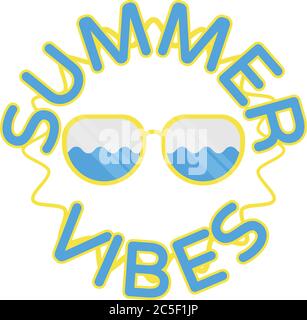 Summer Vibes runden Text mit Sonnenwellen und Sonnenbrillen Illustration flaches Design gelb und blau Vektor Stock Vektor