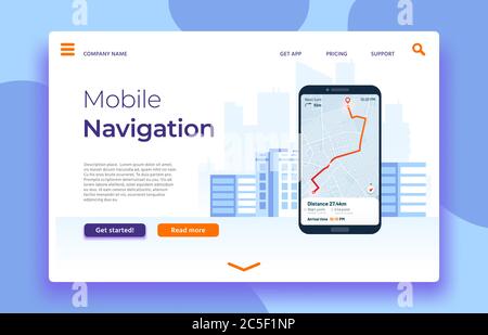 Landing Page für die mobile Navigation, Smartphone mit GPS-Anwendung auf dem Bildschirm. Route mit Positionsmarke zuordnen Stock Vektor