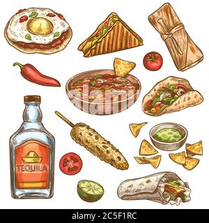 Traditionelles mexikanisches Essen. Mexikanischer nationaler Burrito, Tacos und Nachos, Enchilada und Chili, Tequila farbige Skizze Vektor-Set Stock Vektor