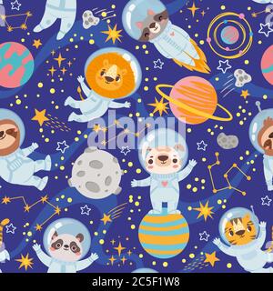 Tiere im Weltraum. Nahtlose Muster Raum Team niedlichen Tieren, Astronauten in Raum Anzüge, Sternenhimmel Universum Tapete Kinder drucken Vektor-Textur Stock Vektor