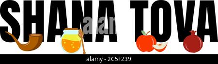 Shana Tova neue jüdische Jahr Feiertag Grußbotschaft mit Apfel, Honig, Granatapfel und Horn Stock Vektor