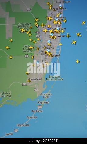 Flugverkehr in Florida, USA, im Internet, mit Flightradar 24 Website von Svenska Resenätverket ab ( 02. Juli 2020, UTC 19.14 ) Stockfoto