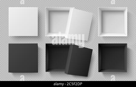Weiße und schwarze Boxen von oben. Realistisches 3d-Karton-Modell isoliert auf transparentem Hintergrund. Quadratisches Paket Stock Vektor