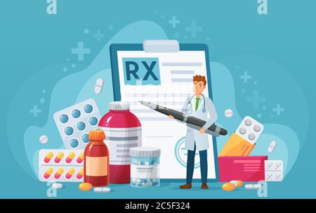 RX ärztliche Verordnung. Arzt schreibt Unterschrift in Rezept, Krankheitstherapie Pillen, Schmerzmittel. Apothekensteuerung Vektor-Konzept Stock Vektor