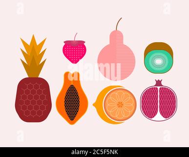 Satz von reifen tropischen Früchten isoliert auf einem hellen Hintergrund, Vektor-Illustration. Erdbeere, Ananas, Birne, Kiwi, Granatapfel, Zitrusfrüchte, Papaya. Stock Vektor