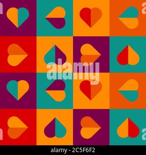 Geometrisches Muster mit Herzen in hellen Farben, nahtloser Vektor-Hintergrund für valentinstag Stock Vektor