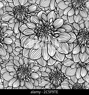 Nahtloser Hintergrund mit handgezeichneten Dahlia Blume. Schwarz-Weiß, Vektorgrafik. Stock Vektor